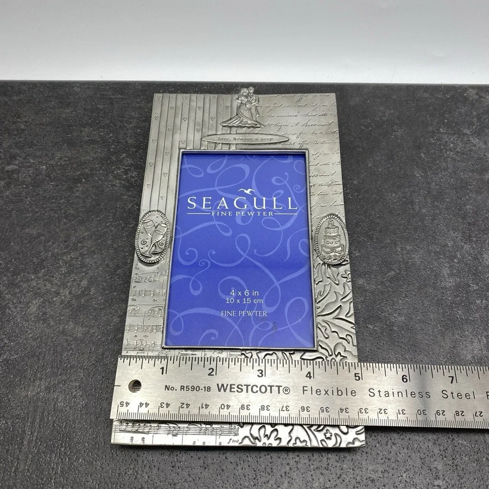 New Seagull Fine Pewter 4x6 Photo Frame Marriage Wedding Cake Champagne Glasses